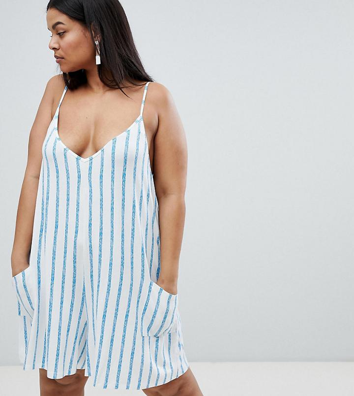 Asos Design Curve Jersey Minimal Romper With Pockets In Stripe - Multi