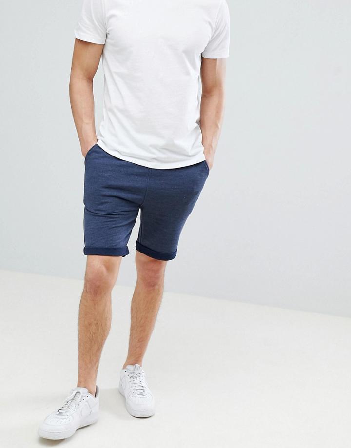 Asos Design Jersey Skinny Shorts With Turn Up Hem In Denim Marl - Navy