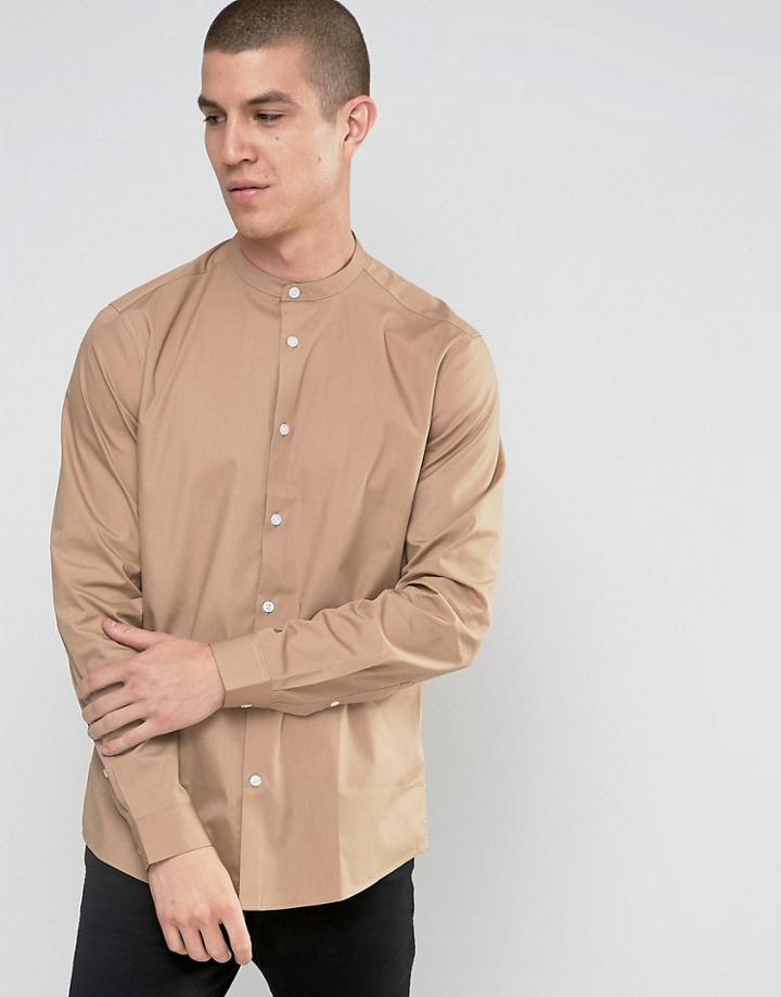 Asos Camel Shirt With Grandad Collar In Regular Fit - Beige