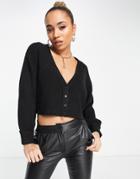 Topshop Recycled Polyester Blend Knitted Rib Cropped Cardigan In Black