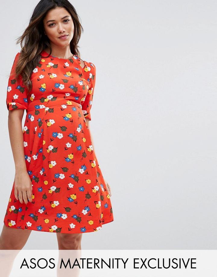Asos Maternity Cut Out Shoudler 40's Printed Tea Dress - Multi
