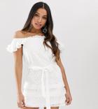 Parisian Petite Off Shoulder White Dress In Broderie Anglaise - White