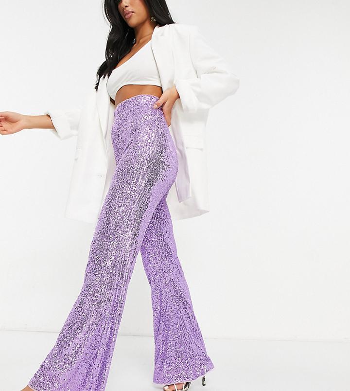 Jaded Rose Petite High Waisted Wide Leg Sequin Pant Set In Lilac-purple