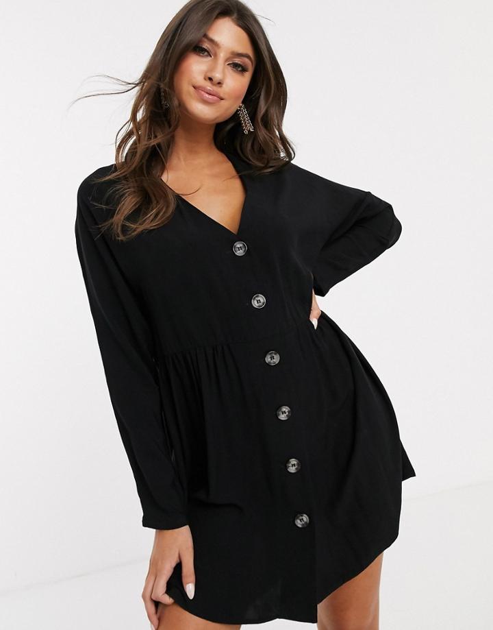 Asos Design V Neck Button Through Mini Smock Dress With Long Sleeves-black