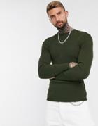 Asos Design Muscle Fit Ribbed Sweater In Khaki-green