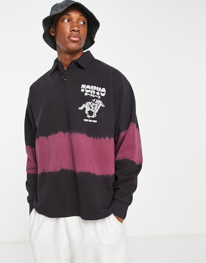 Asos Design Oversized Tie Dye Rugby Sweatshirt With Chest Print In Black And Burgundy-brown