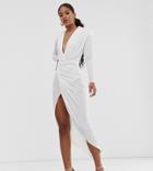 John Zack Tall Plunge Front Asymmetric Maxi Dress In White - White