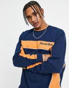 Asos Design Oversized Long Sleeve T-shirt In Navy And Orange Color Block With Chest Print