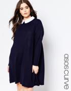 Asos Curve Knitted Swing Dress With Cute Collar - Navy And White