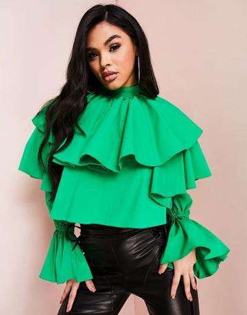 Asos Luxe Cotton Extreme Ruffle Top In Green