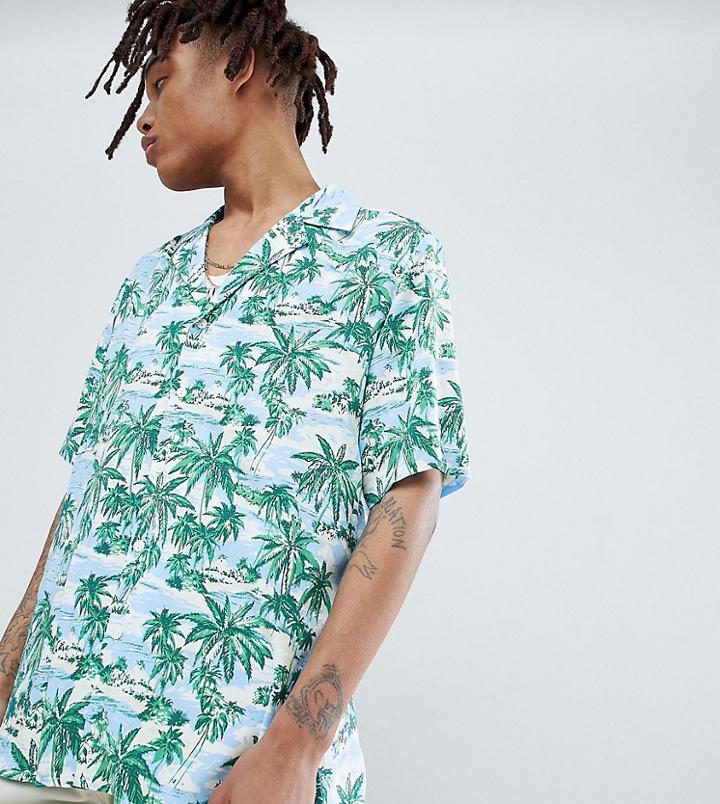Reclaimed Vintage Inspired Revere Collar Printed Hawaiian Shirt - Green