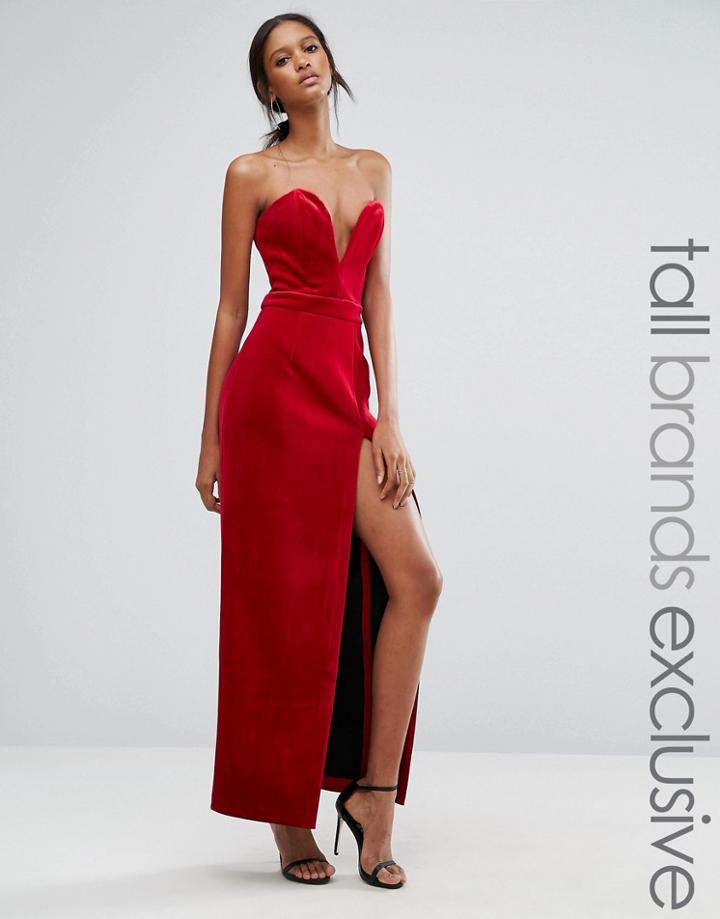 Ttya Black Bonded Velvet Sweetheart Bandeau Maxi Dress With Thigh Spli