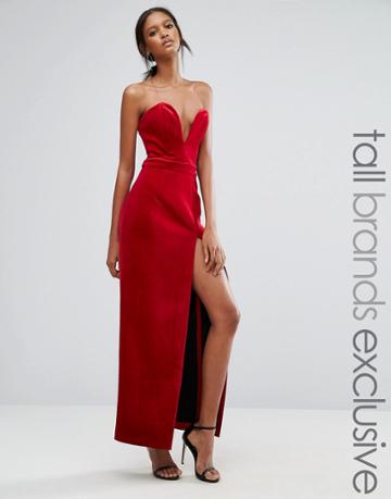 Ttya Black Bonded Velvet Sweetheart Bandeau Maxi Dress With Thigh Spli