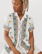 Asos Design Regular Fit Geo-tribal Hand Embroidered & Embellished Shirt With Revere Collar-white