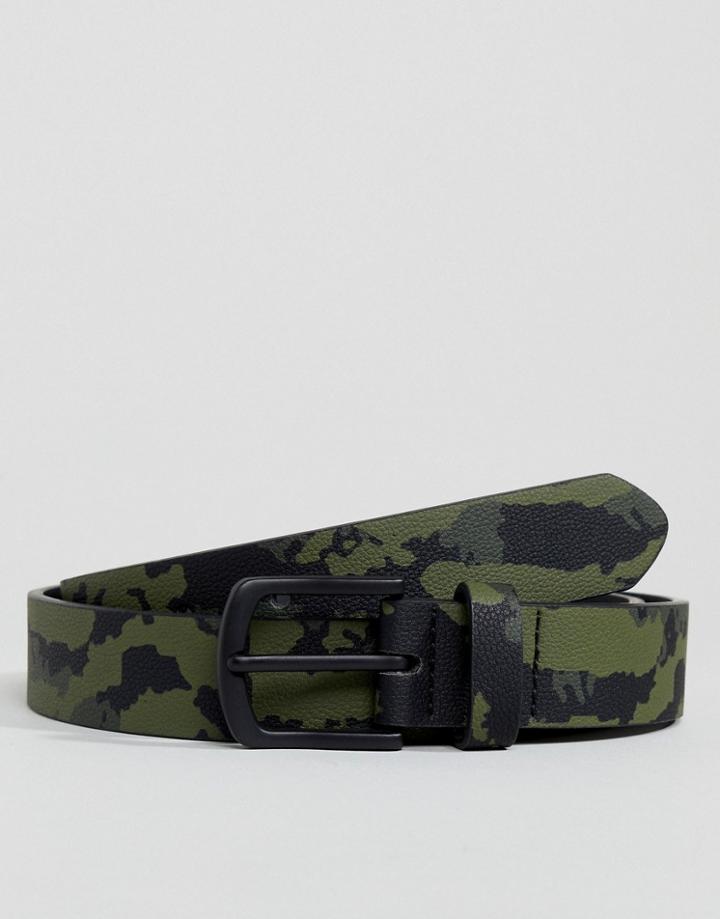Asos Design Faux Leather Slim Belt In Camo Print - Green