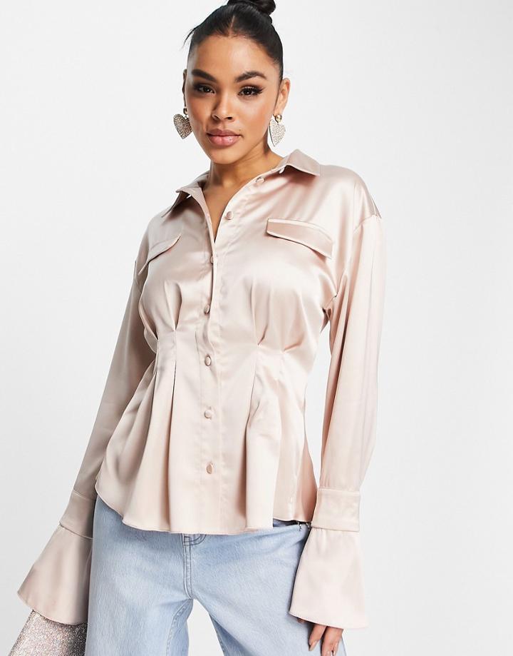 Asos Design Satin Long Sleeve Shirt With Corset Seam Waist Detail In Blush-pink