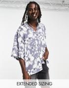Asos Design Dropped Shoulder Oversized Revere Shirt In Gray Vintage Inspired Hawaiian Print