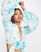 Asos Design Matching Floral Tie Front Blouson Sleeve Crop Top With Open Back Detail And Lace Trim-multi