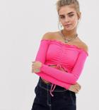 Collusion Ruched Rib Front Off Shoulder Top In Pink - Pink