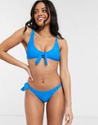 New Look Tie Front Bikini Top In Blue-blues