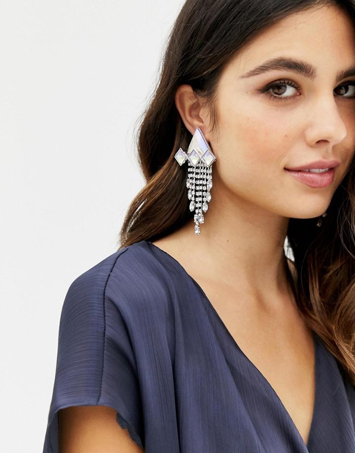 Asos Design Statement Earrings With Iridescent Geo Crystals And Clear Crystal Strands In Gunmetal - Silver
