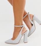 Asos Design Wide Fit Pace High Block Heels In Silver Glitter