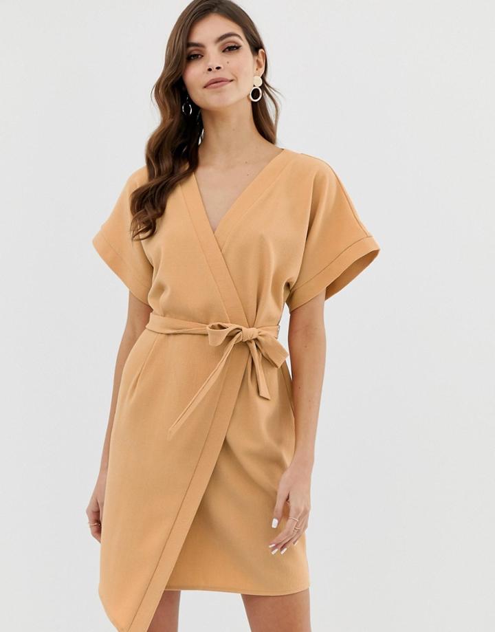 Asos Design Wrap Front Mini Dress - Cream