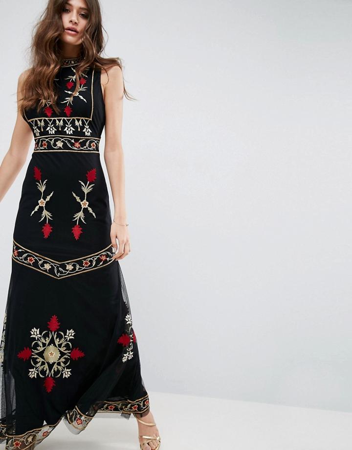 Asos High Neck Embroidered Cut Out Back Maxi Dress - Navy