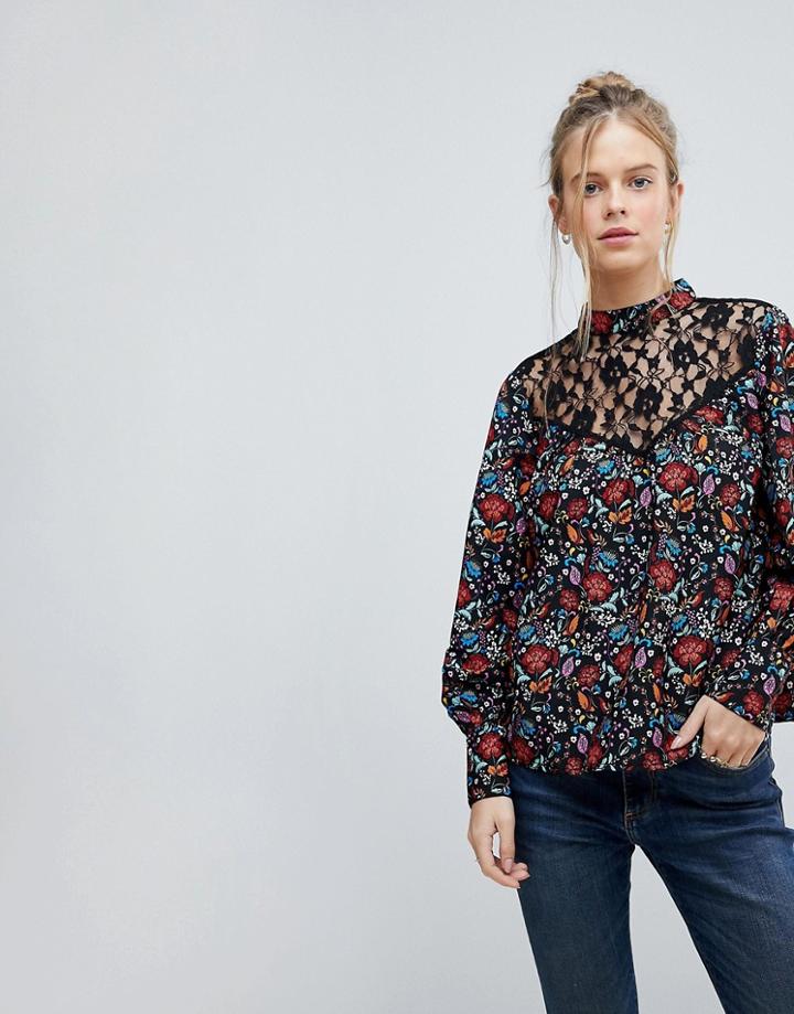 Influence High Neck Floral Top With Lace Yoke And Blouson Sleeve - Multi