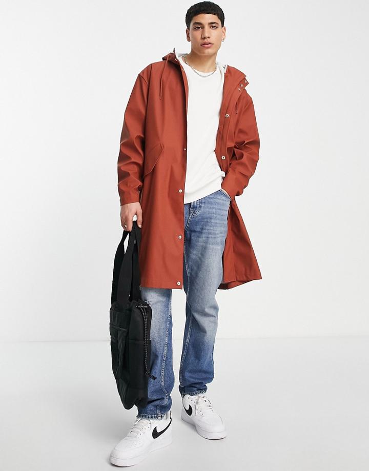 Asos Design Shower Proof Rubberized Rain Jacket In Rust-copper
