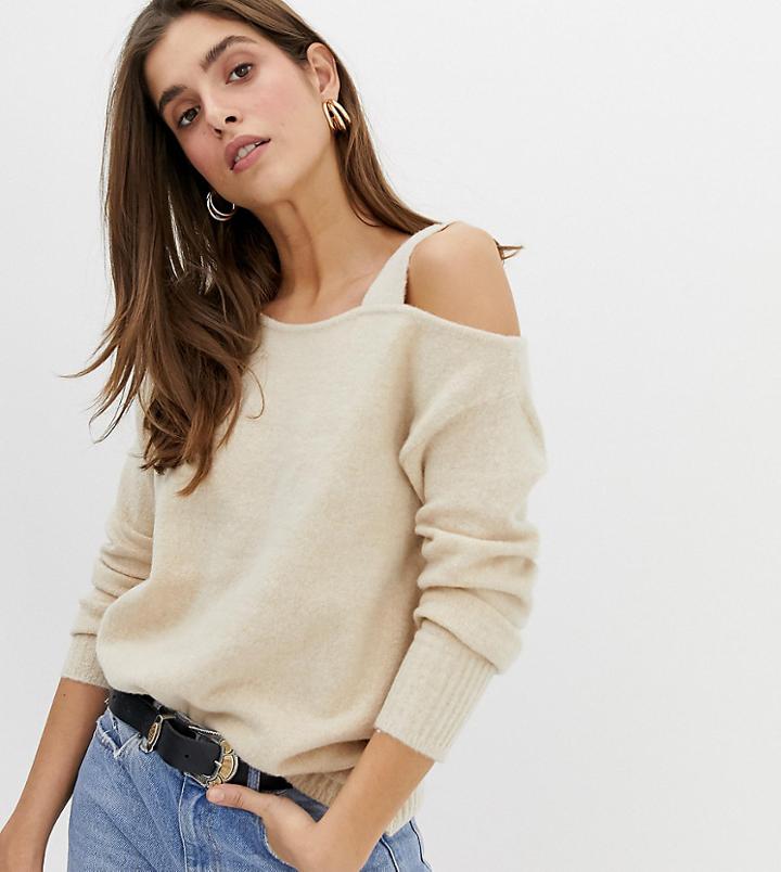 River Island Sweater With Asymmetric Shoulder In Oatmeal - Beige