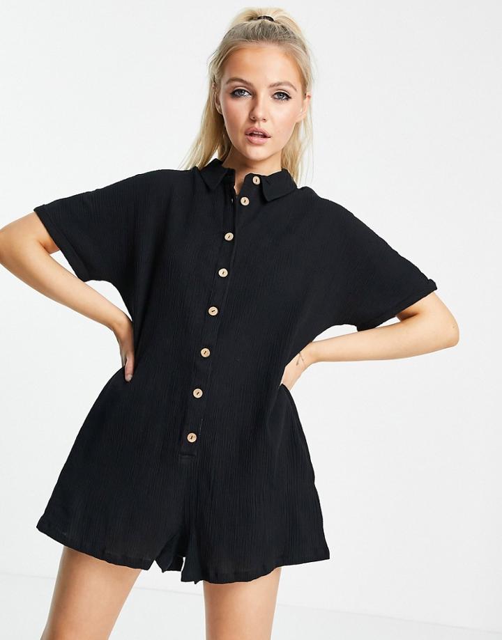 Asos Design Button Through Shirt Romper In Black