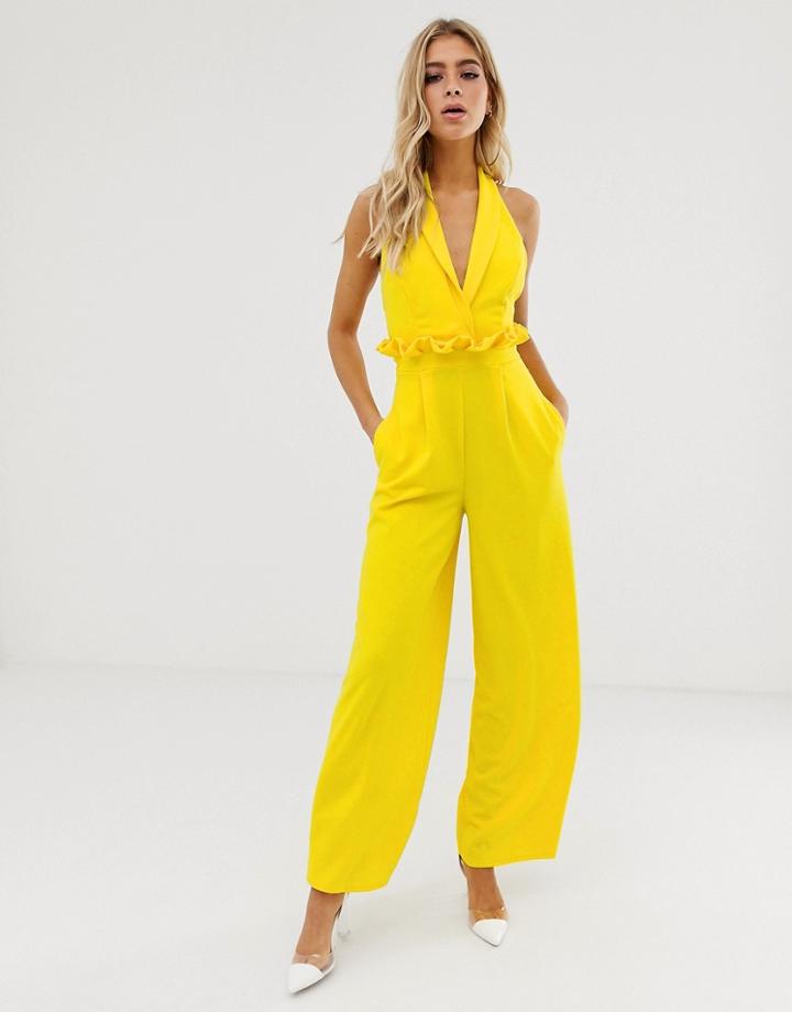 Asos Design Halter Paperbag Wide Leg Jumpsuit - Yellow