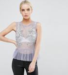 Asos Petite Top In Mesh With Pep Hem And Sequin Detail - Purple