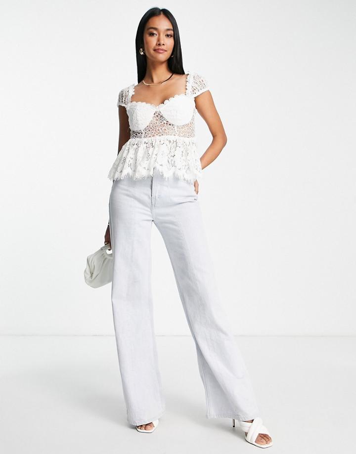 Asos Design Short Sleeve Lace Peplum Top With Corset Detail In Ivory-multi