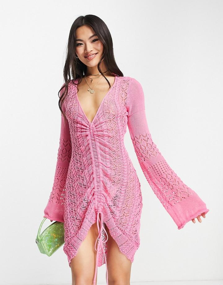 Sndys Crochet Bell Sleeve Mini Dress With Ruched Detail In Pink