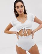 Asos Design Shirred Frill High Waist Bikini Bottom Top In White - White