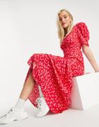 New Look Tie Back Ruched Sleeve Midi Dress In Red Ditsy Floral