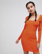Prettylittlething Square Neck Ribbed Dress - Orange