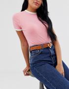 Asos Design Geo Buckle Waist And Hip Belt In Tan With Rose Gold Hardware-brown