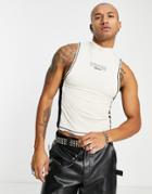 Asos Design Muscle High Neck Tank Top In Cream With Front Print-white