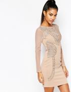 Lipsy Long Sleeve Cornelli Lace Body-conscious Dress - Camel