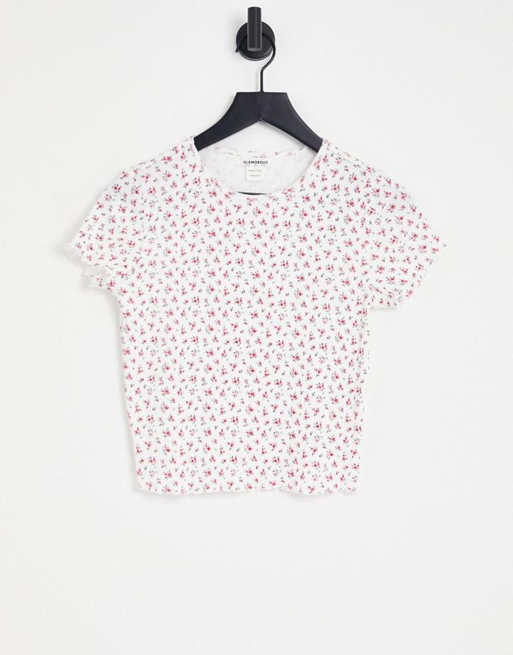 Glamorous Fitted Mini T-shirt In Ditsy Pointelle Rib With Lettuce Hem-multi