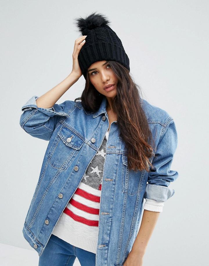 7x Knitted Beanie Hat With Faux Fur Pom Pom - Black