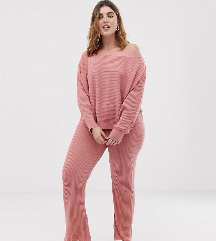 Asos Design Curve Lounge Knitted Rib Flare Pants - Pink