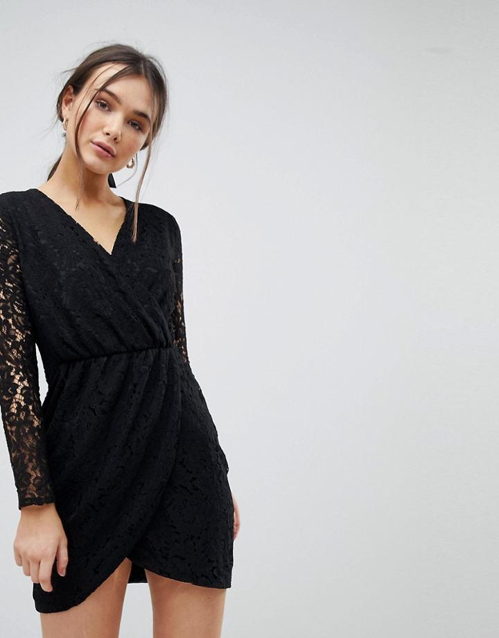 Qed London Lace Wrap Front Dress - Black