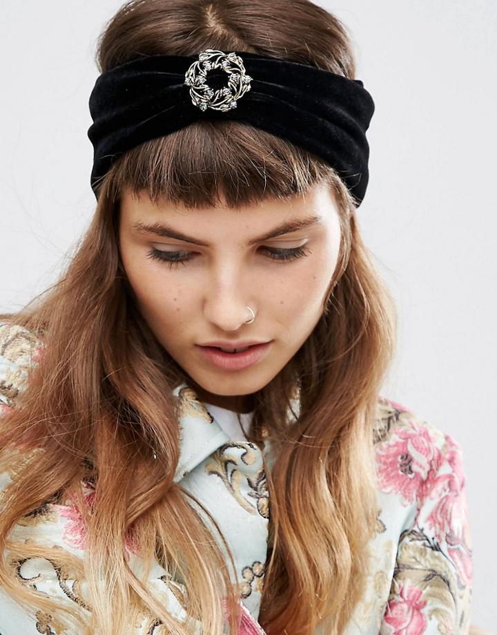 Asos Velvet Brooch Turban Headband - Black