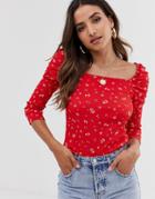 River Island Puff Sleeve Top With Square Neck In Red Floral Print