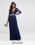 Tfnc Wedding Pleated Maxi Dress With Long Sleeves And Lace Inserts With Embellished Waist - Navy