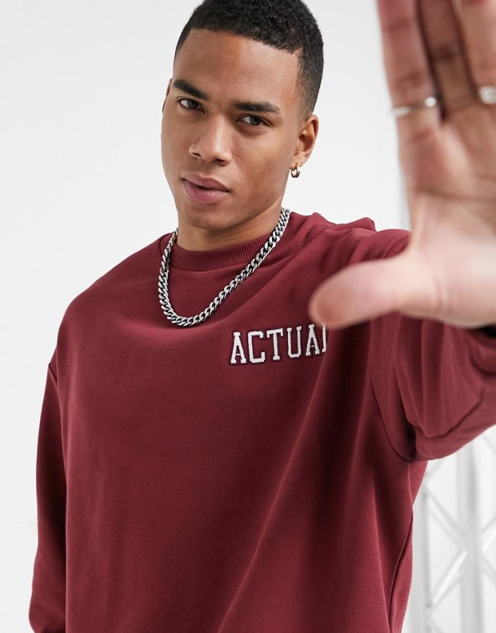 Asos Actual Oversized Sweatshirt In Burgundy With Embroidered Logos